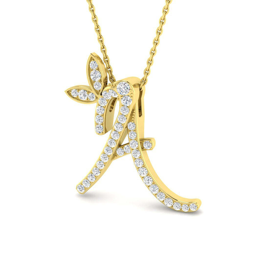Exquisite Gold Diamond Butterfly Initial "A" Pendant Necklace