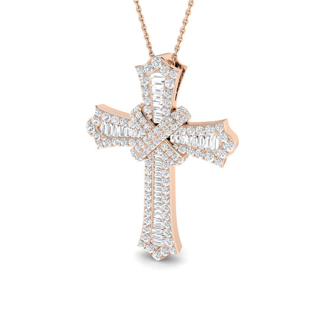 1.9ct Round & Baguette Cut Diamond Iced-Out Cross Pendant in Gold or Platinum
