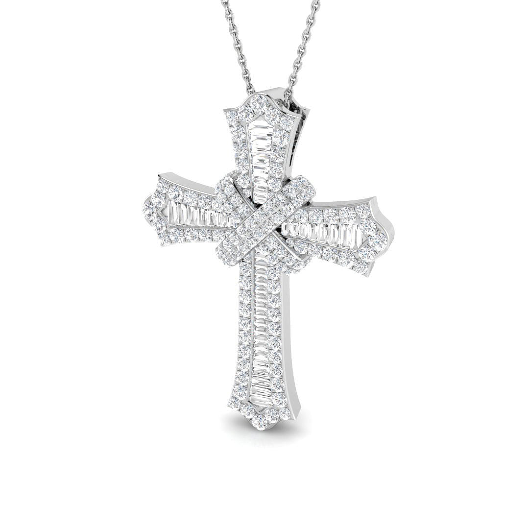 1.9ct Round & Baguette Cut Diamond Iced-Out Cross Pendant in Gold or Platinum