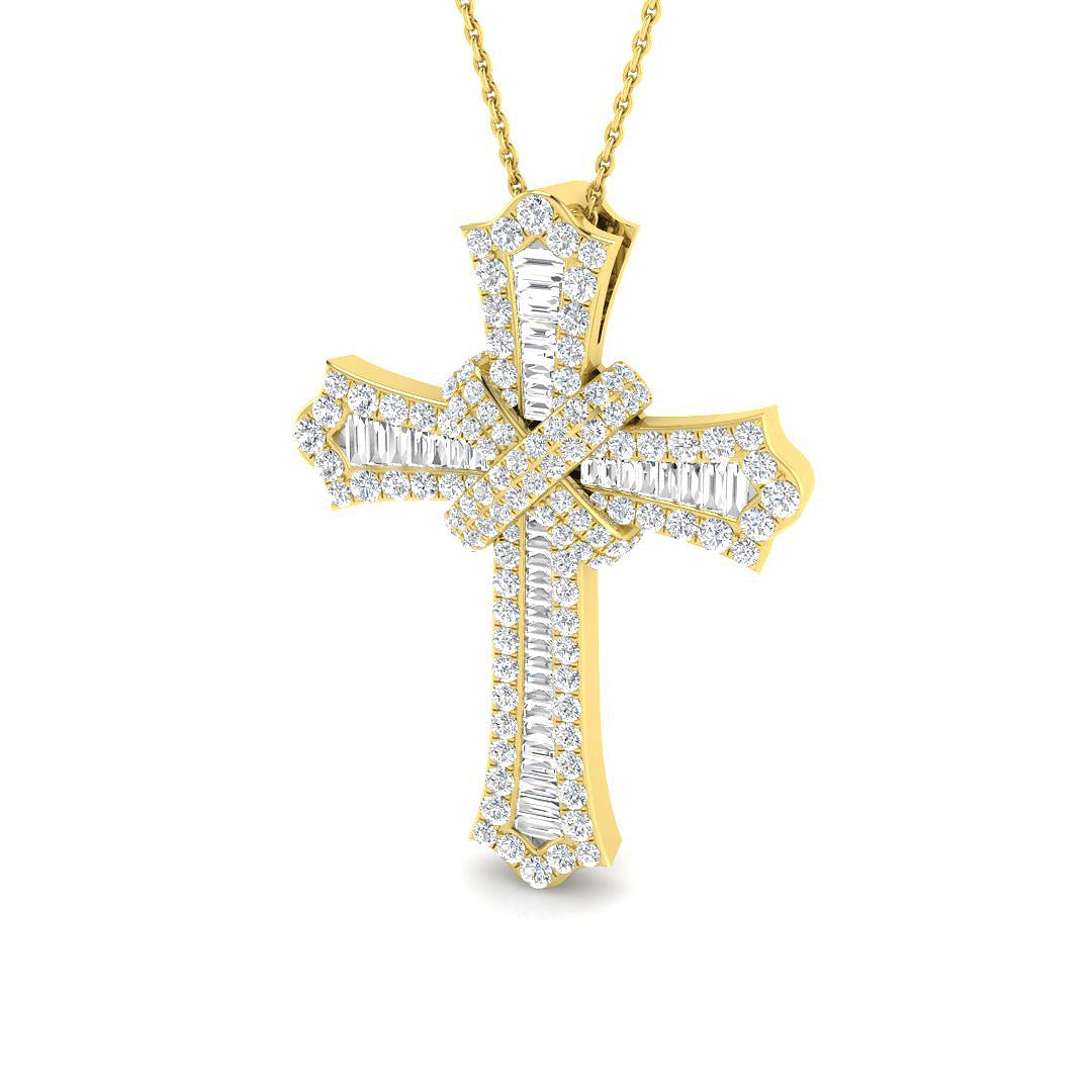 1.9ct Round & Baguette Cut Diamond Iced-Out Cross Pendant in Gold or Platinum