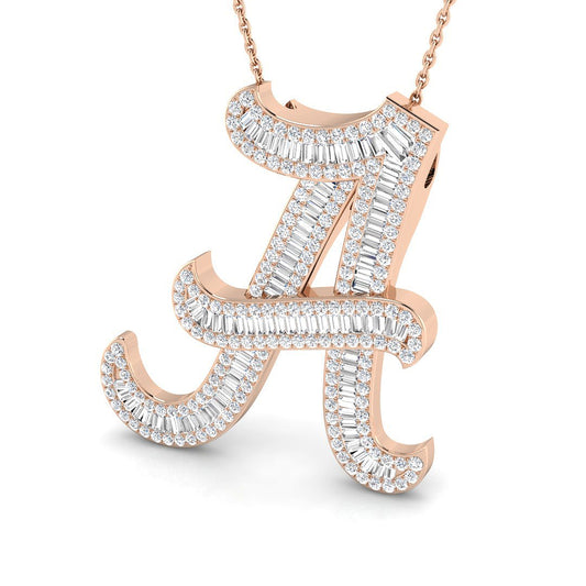 Rose Gold Diamond Script Initial "A" Pendant with Baguette and Round Diamonds