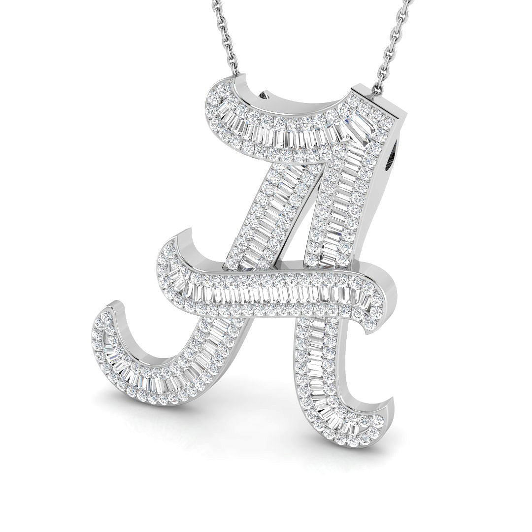 Rose Gold Diamond Script Initial "A" Pendant with Baguette and Round Diamonds