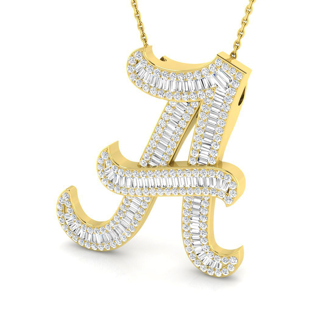 Rose Gold Diamond Script Initial "A" Pendant with Baguette and Round Diamonds