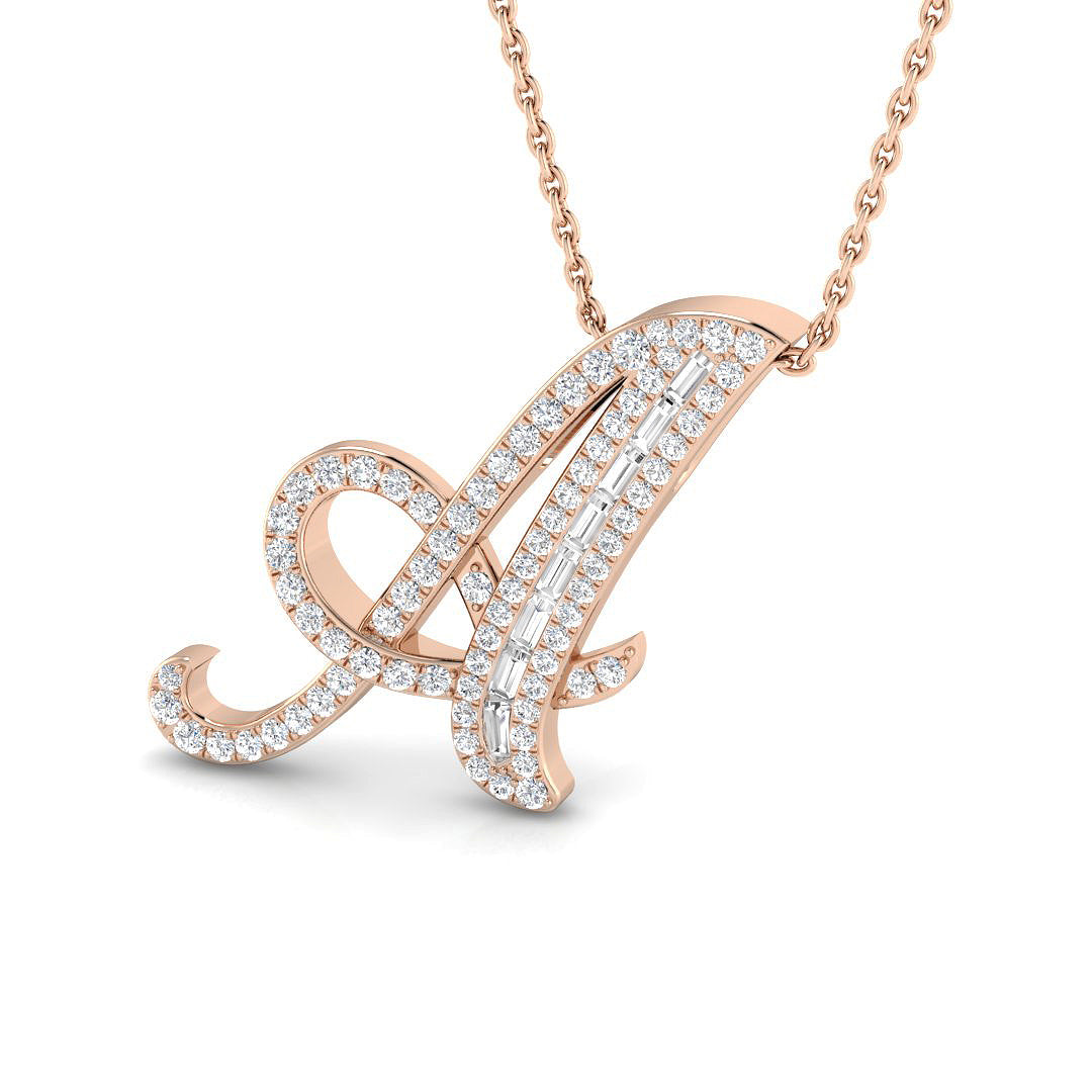 Bold Diamond Script Initial "A" Pendant with Baguette and Round Diamonds