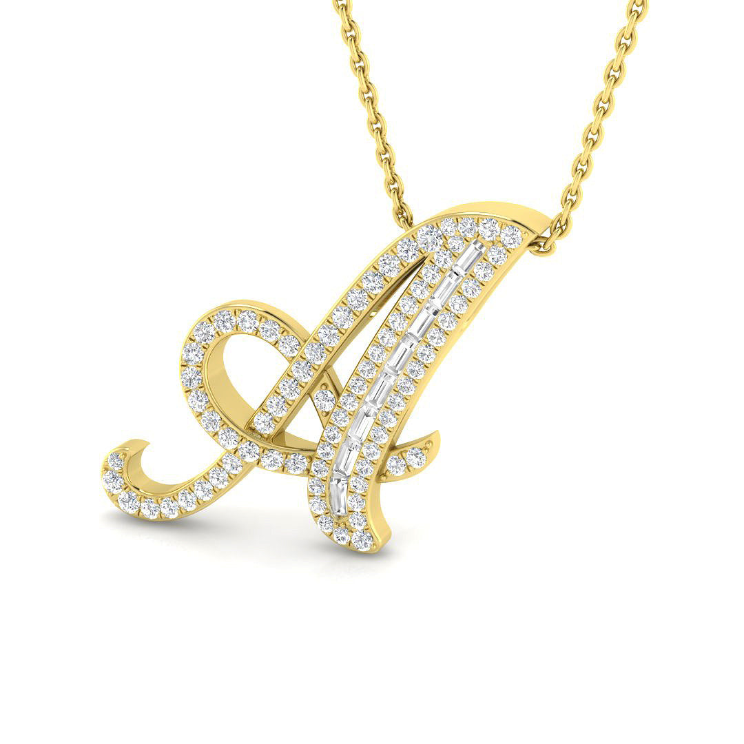 Bold Diamond Script Initial "A" Pendant with Baguette and Round Diamonds