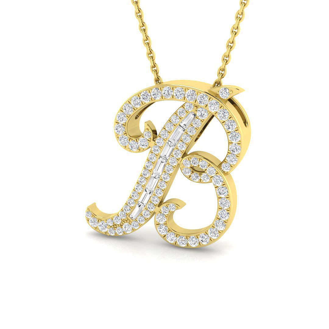 Bold Diamond Script Initial "B" Pendant with Baguette and Round Diamonds