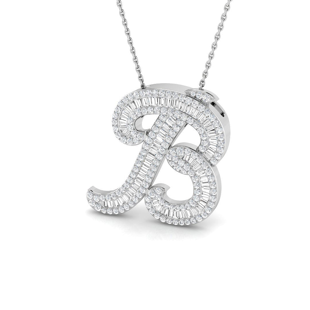 Rose Gold Diamond Script Initial "B" Pendant with Baguette and Round Diamonds