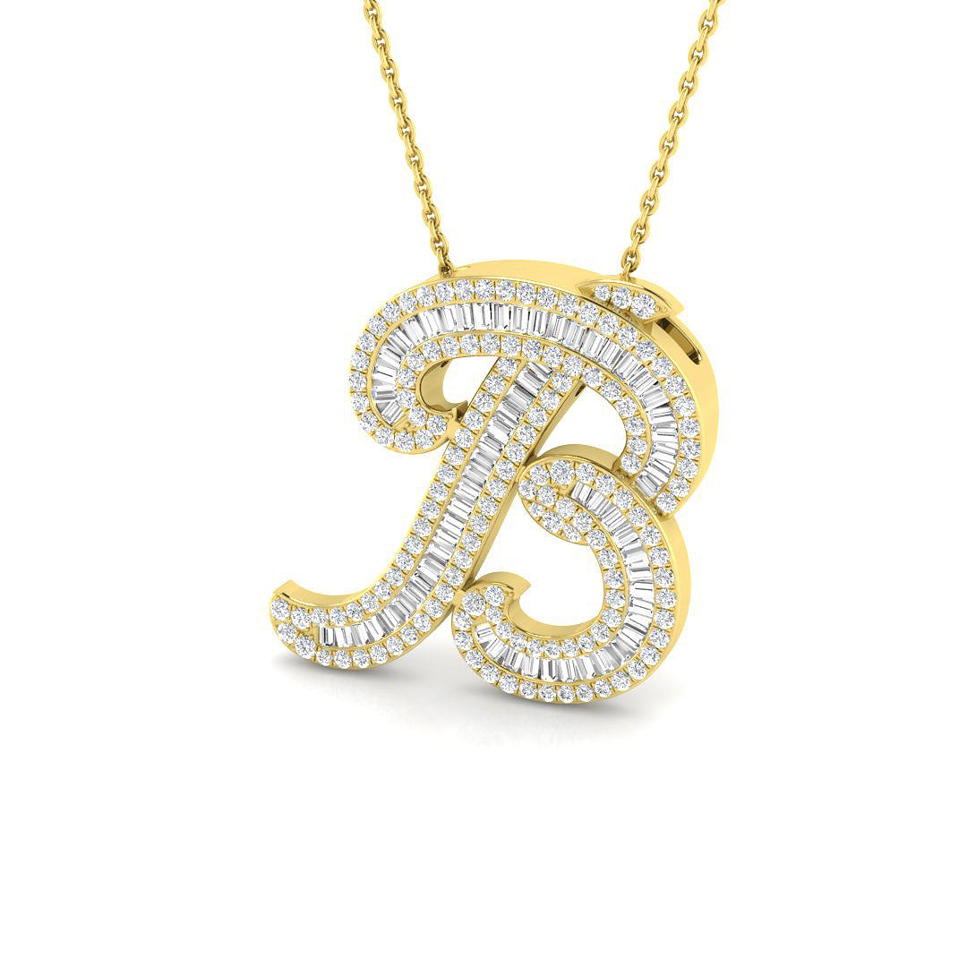 Rose Gold Diamond Script Initial "B" Pendant with Baguette and Round Diamonds