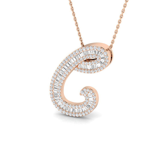 Rose Gold Diamond Script Initial "C" Pendant with Baguette and Round Diamonds