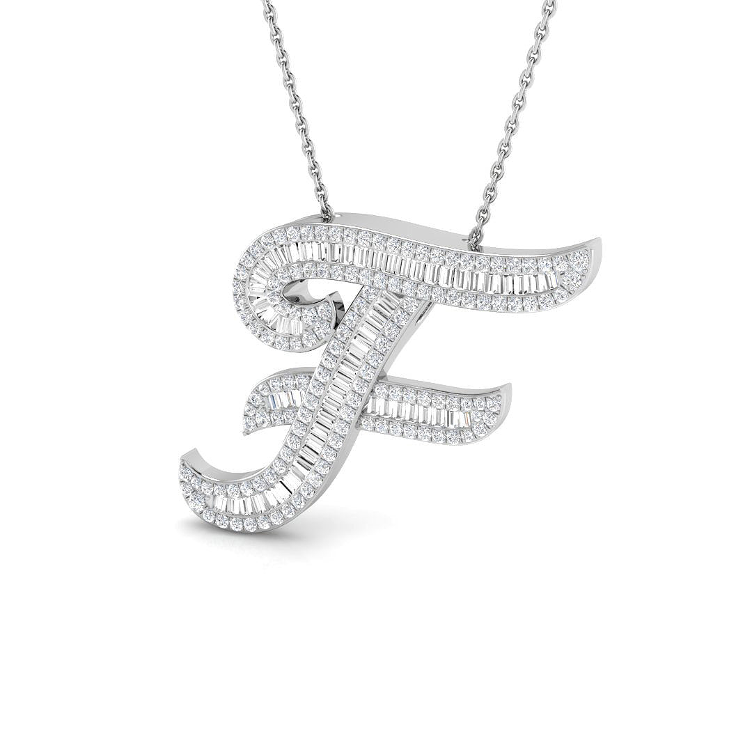 Round & Baguette Diamond Script Initial Pendant