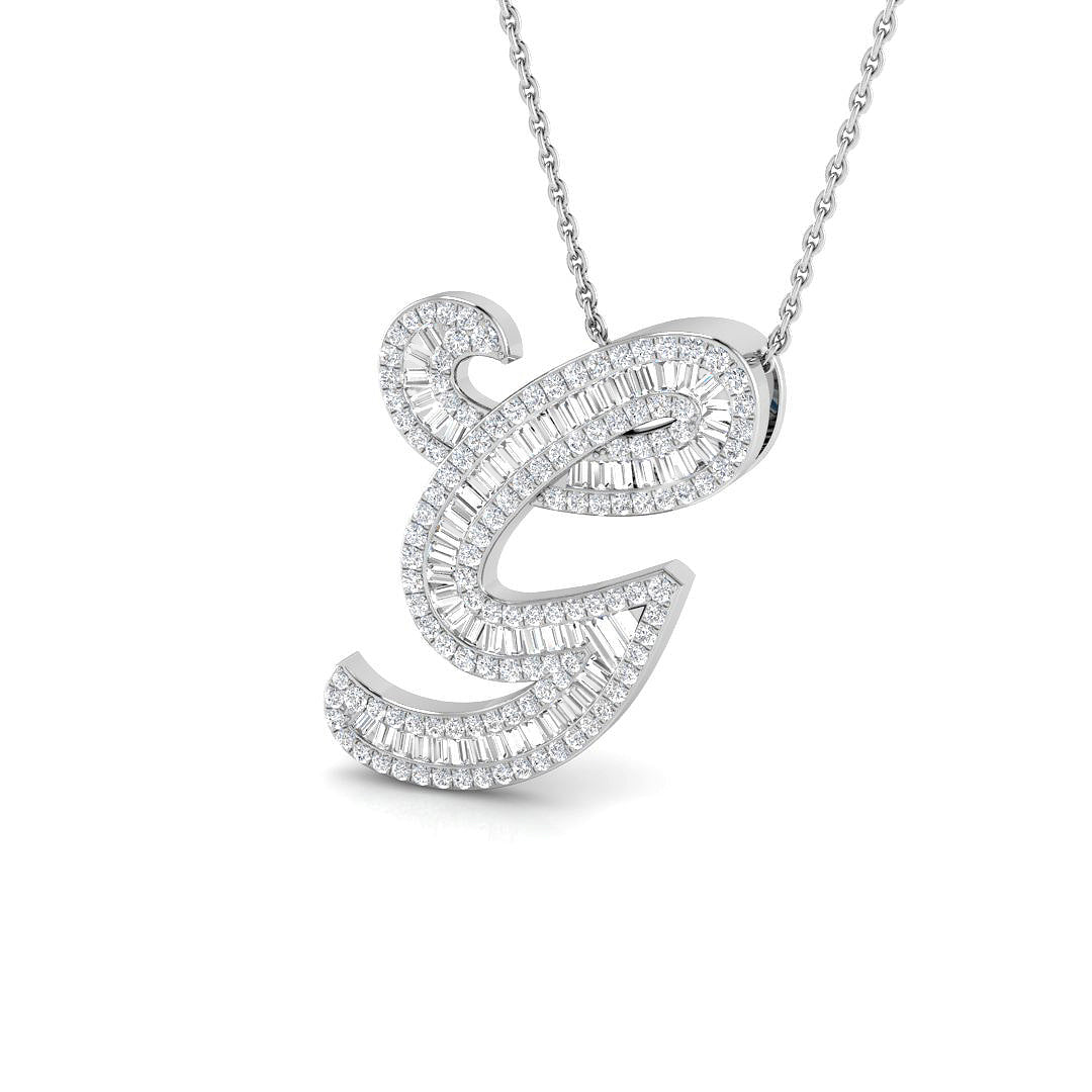 Round & Baguette Diamond Script Initial Pendant