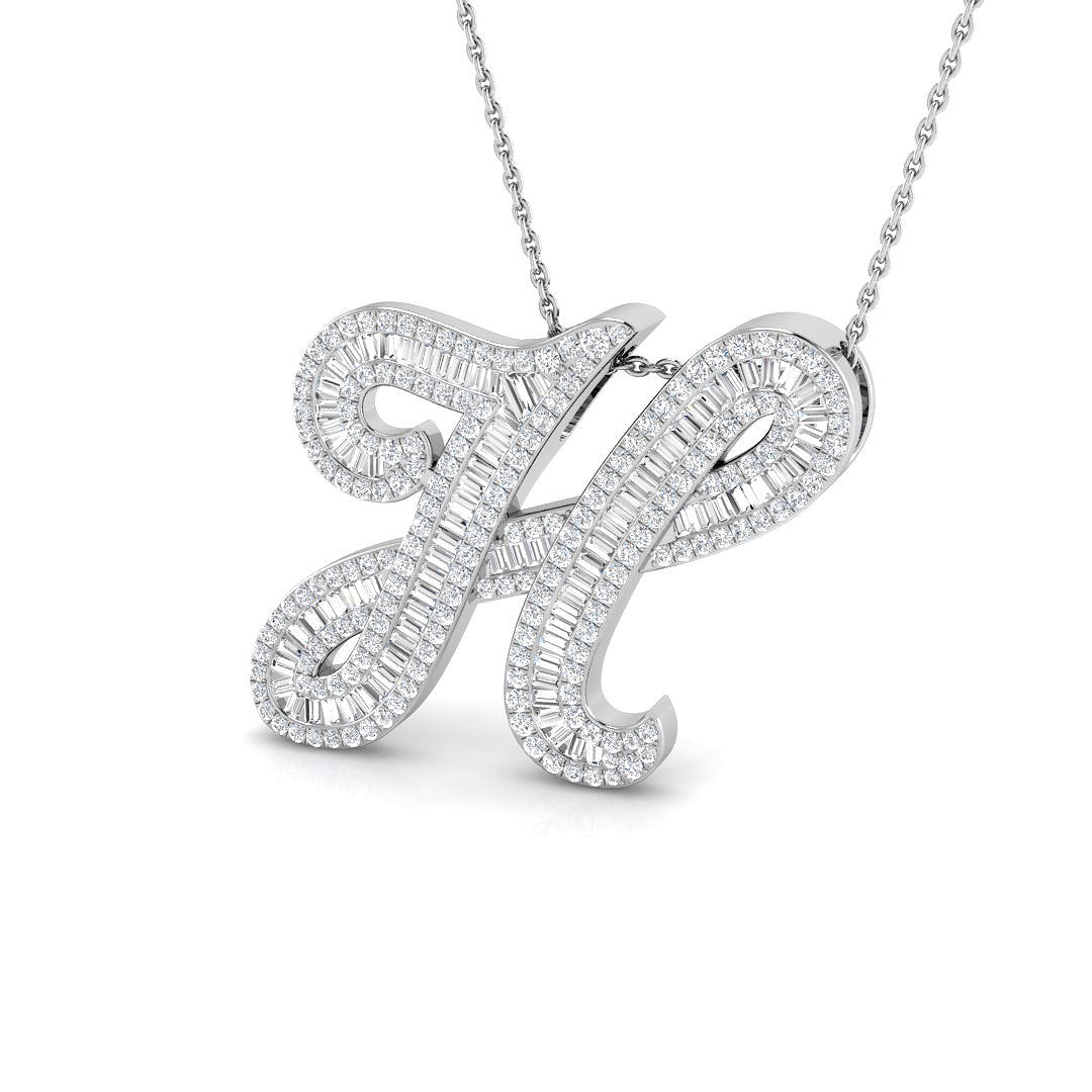 Round & Baguette Diamond Script Initial Pendant