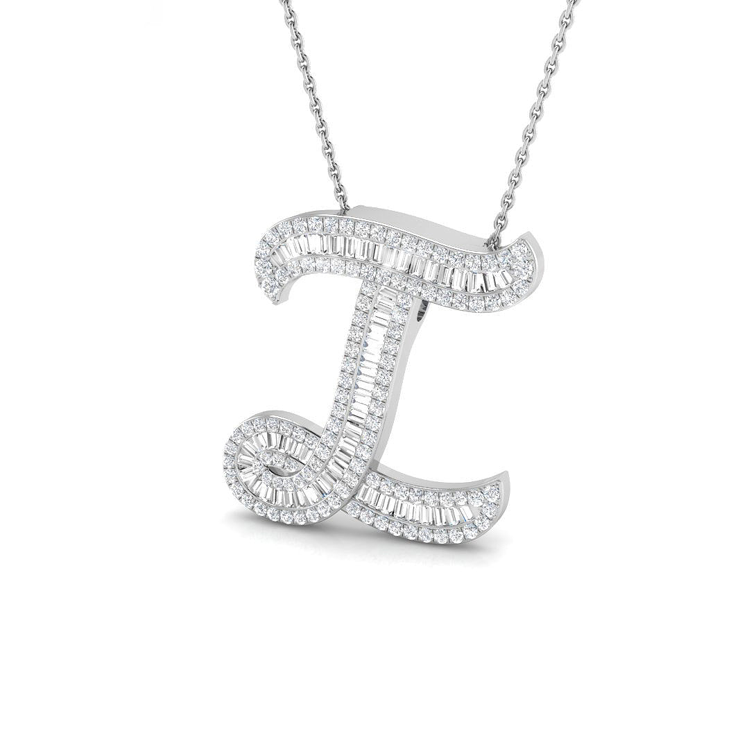 Round & Baguette Diamond Script Initial Pendant