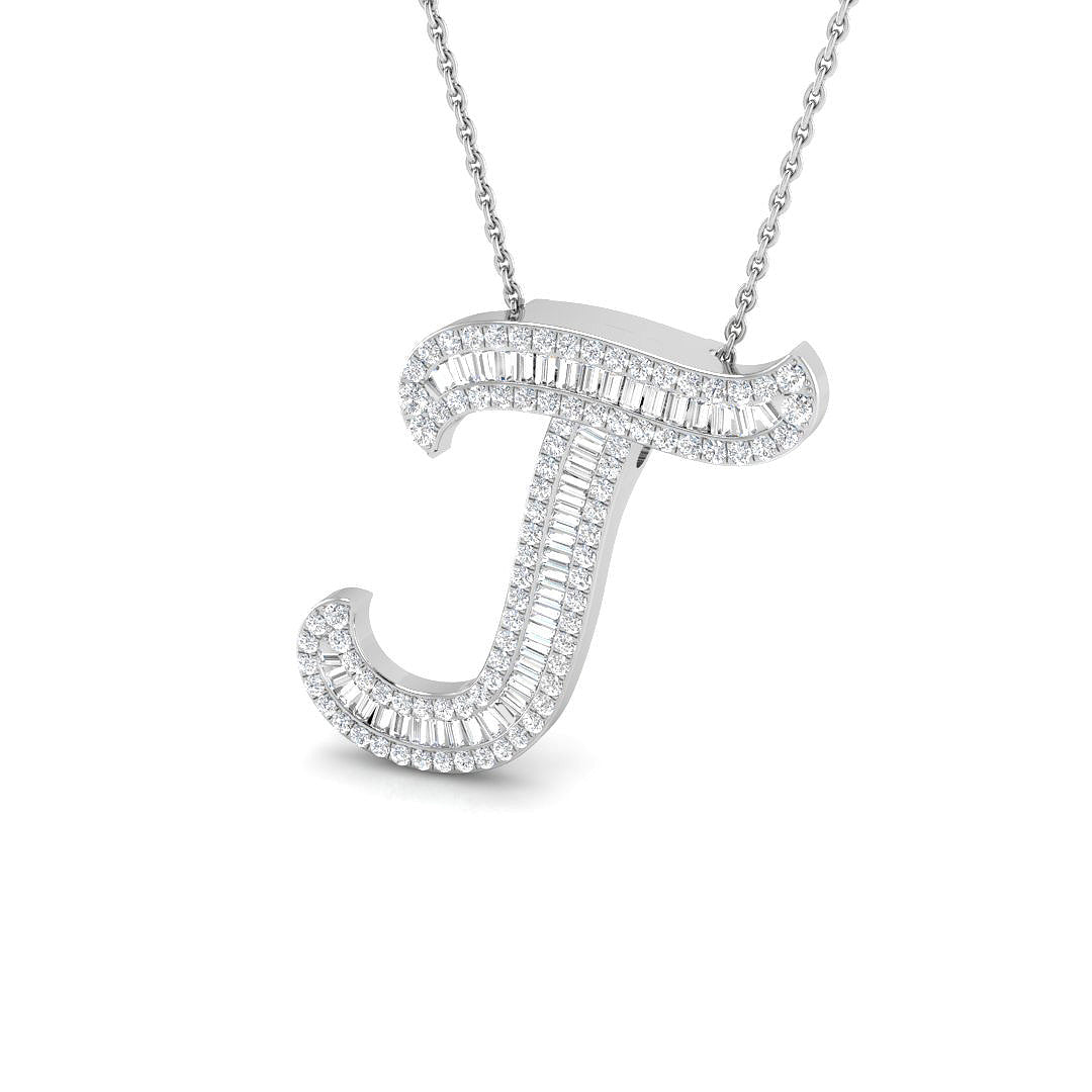 Round & Baguette Diamond Script Initial Pendant