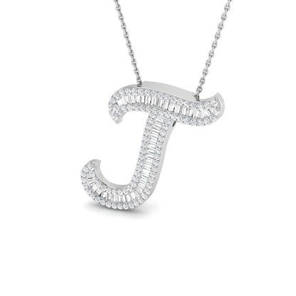 Round & Baguette Diamond Script Initial Pendant