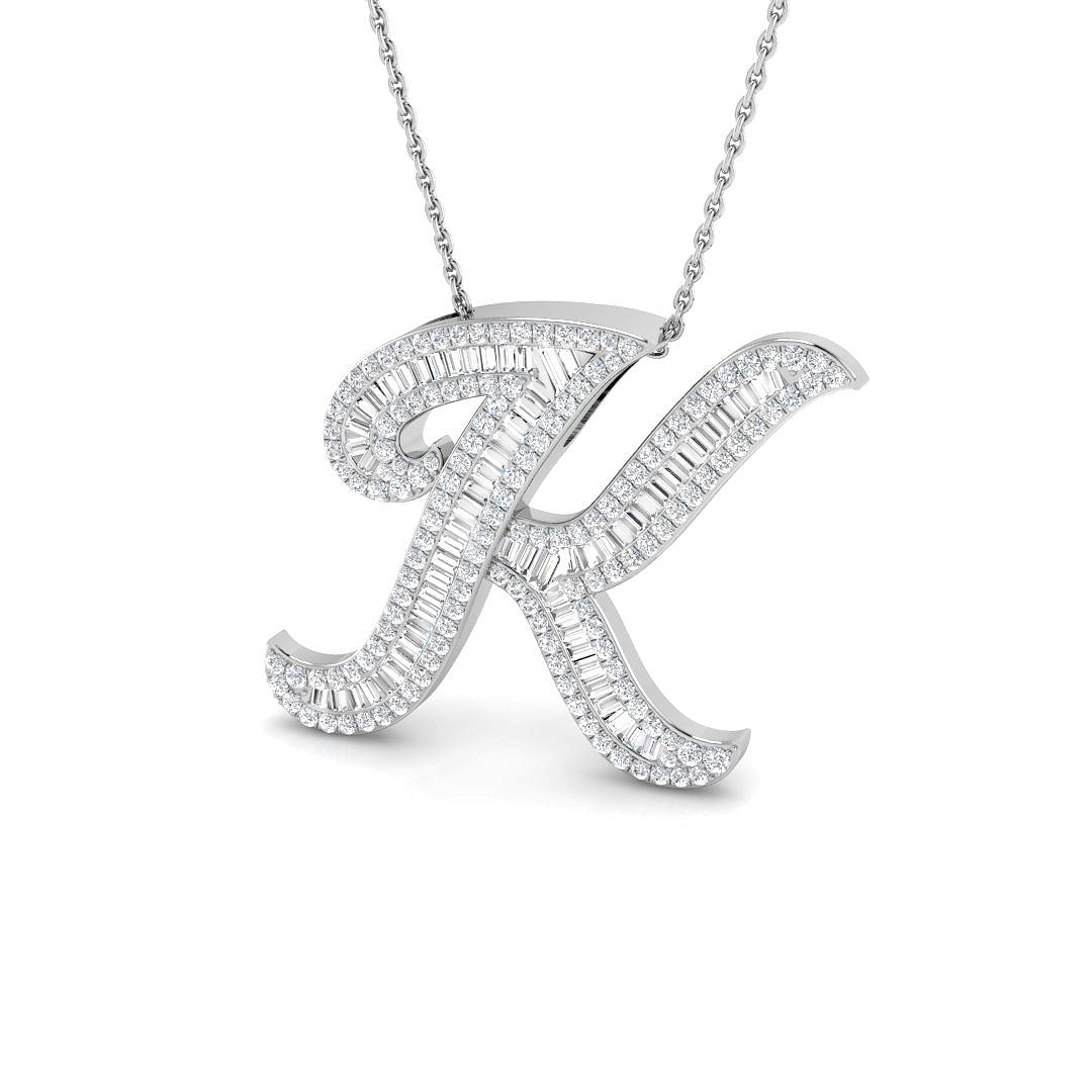 Round & Baguette Diamond Script Initial Pendant
