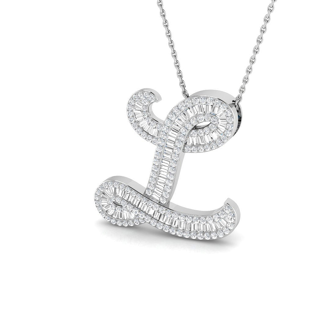 Round & Baguette Diamond Script Initial Pendant