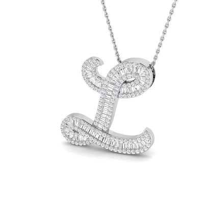 Round & Baguette Diamond Script Initial Pendant