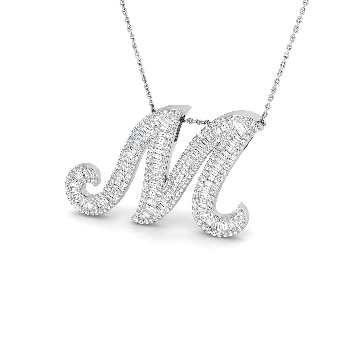 Round & Baguette Diamond Script Initial Pendant