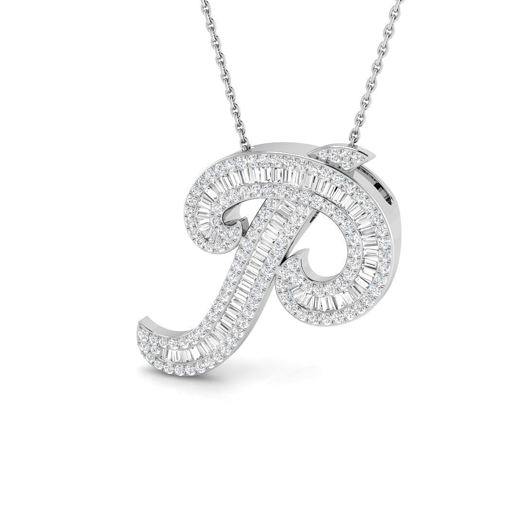 Round & Baguette Diamond Script Initial Pendant