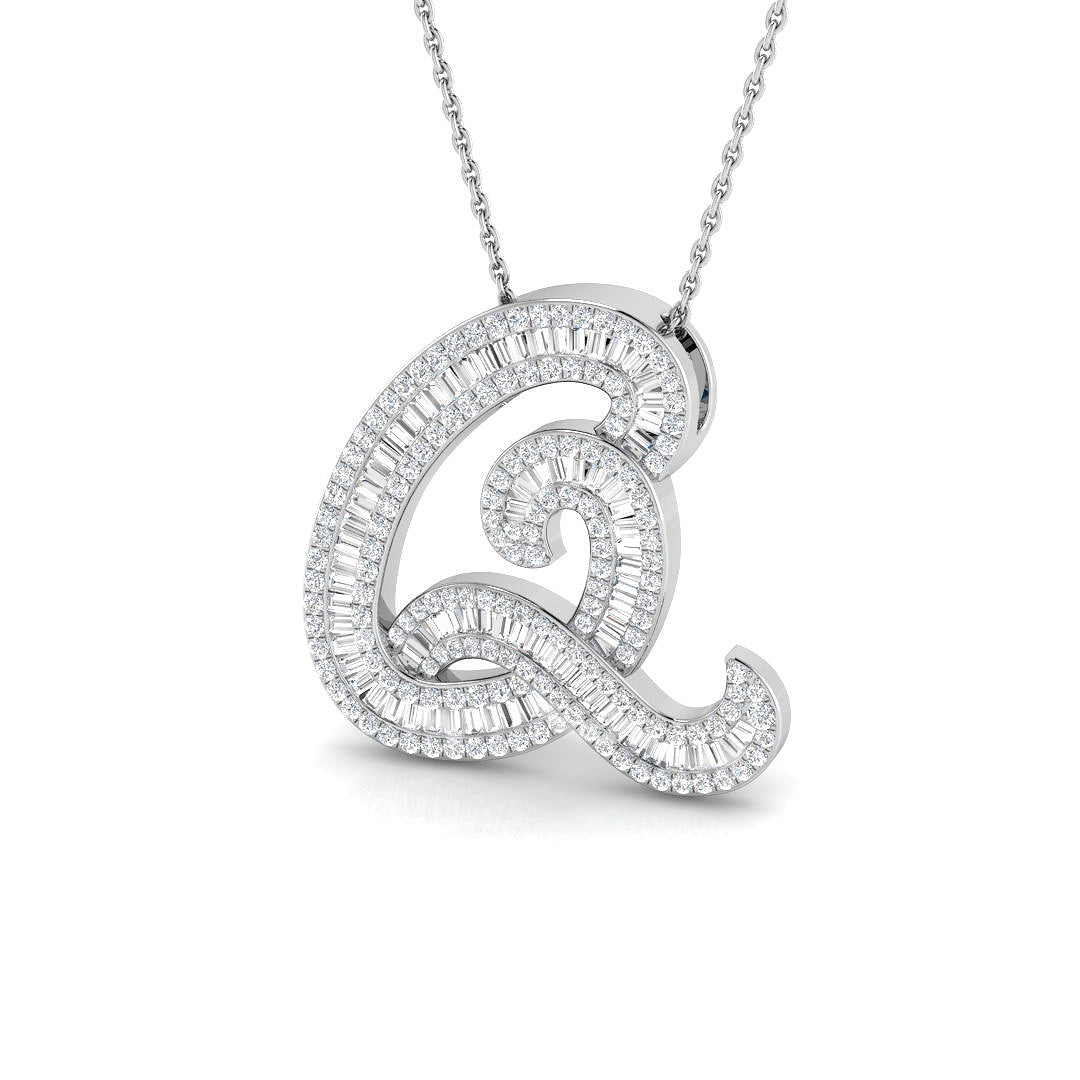 Round & Baguette Diamond Script Initial Pendant