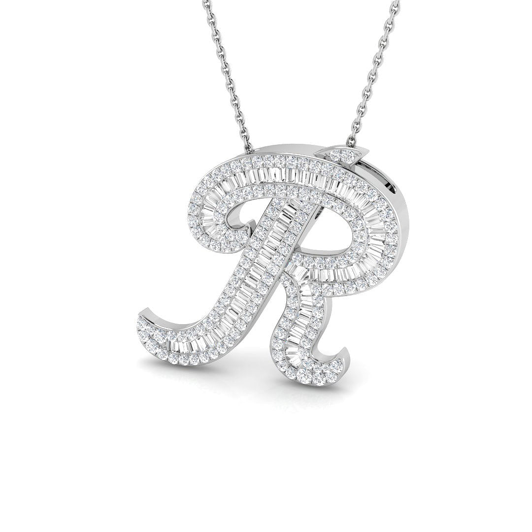 Round & Baguette Diamond Script Initial Pendant