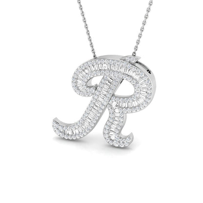Round & Baguette Diamond Script Initial Pendant