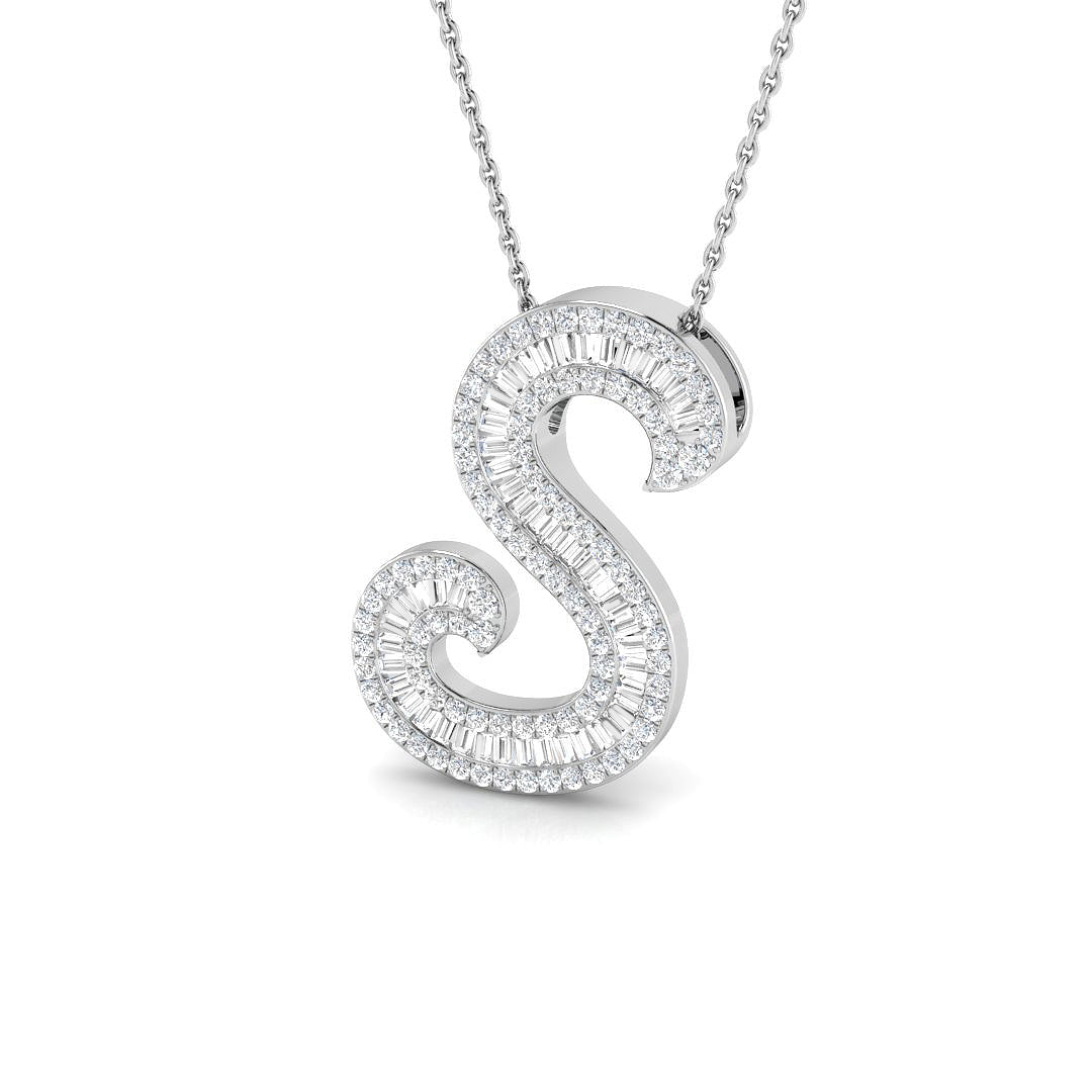 Round & Baguette Diamond Script Initial Pendant