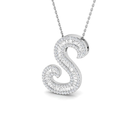 Round & Baguette Diamond Script Initial Pendant