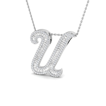 Round & Baguette Diamond Script Initial Pendant