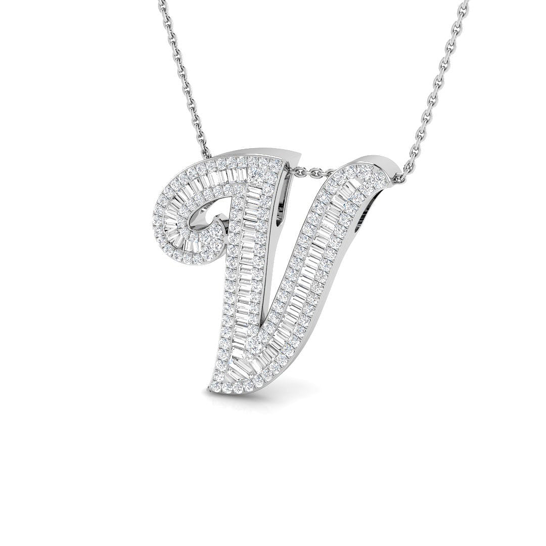 Round & Baguette Diamond Script Initial Pendant
