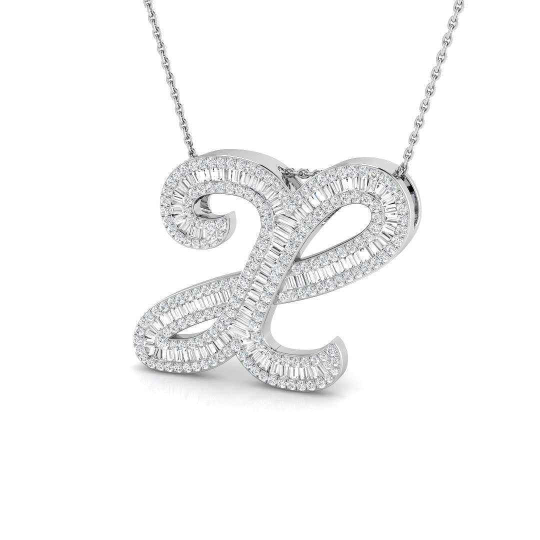 Round & Baguette Diamond Script Initial Pendant