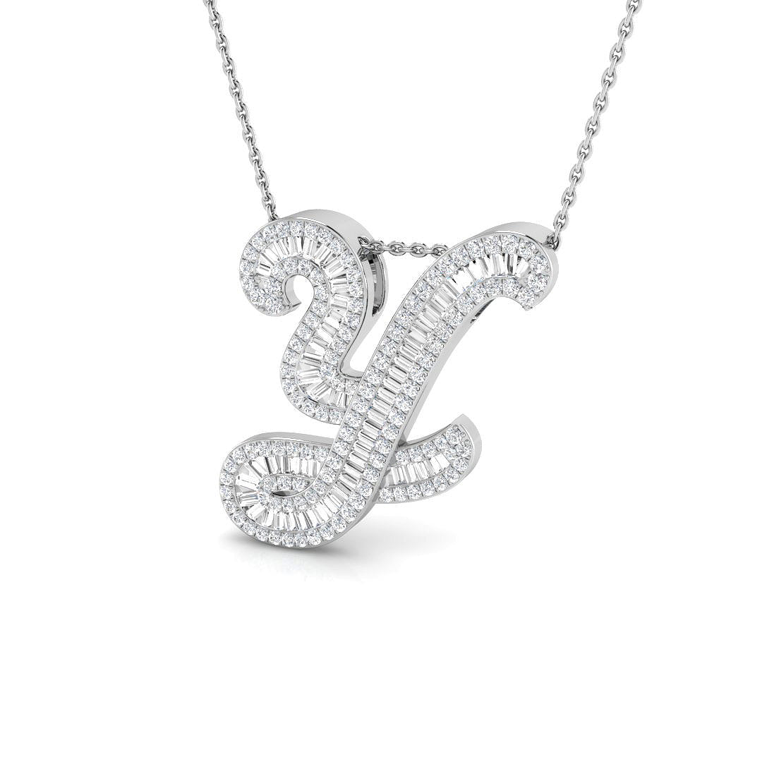 Round & Baguette Diamond Script Initial Pendant