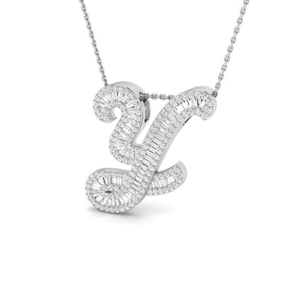 Round & Baguette Diamond Script Initial Pendant