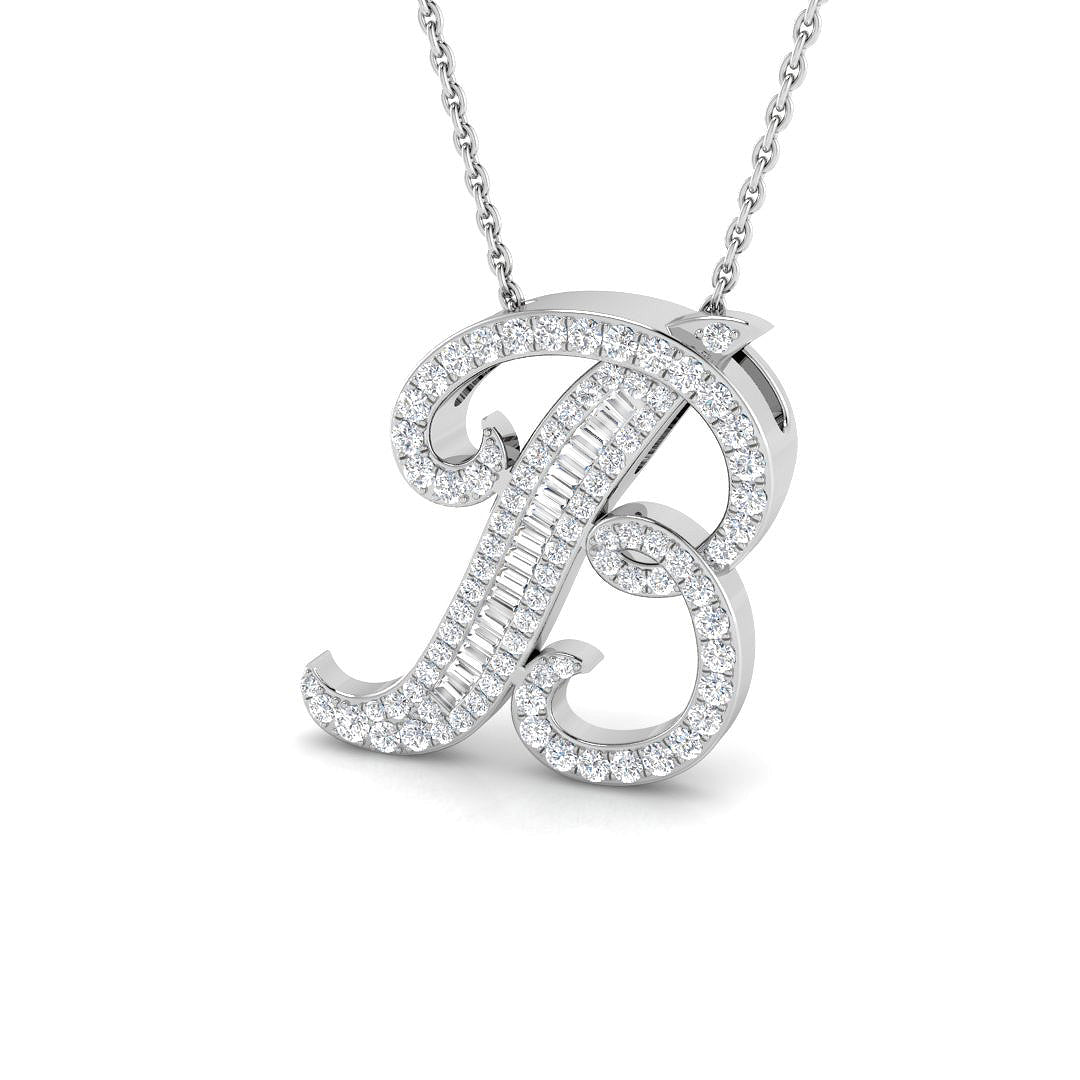 Paved Initial Diamond Pendant Necklace with Baguette & Round Diamonds
