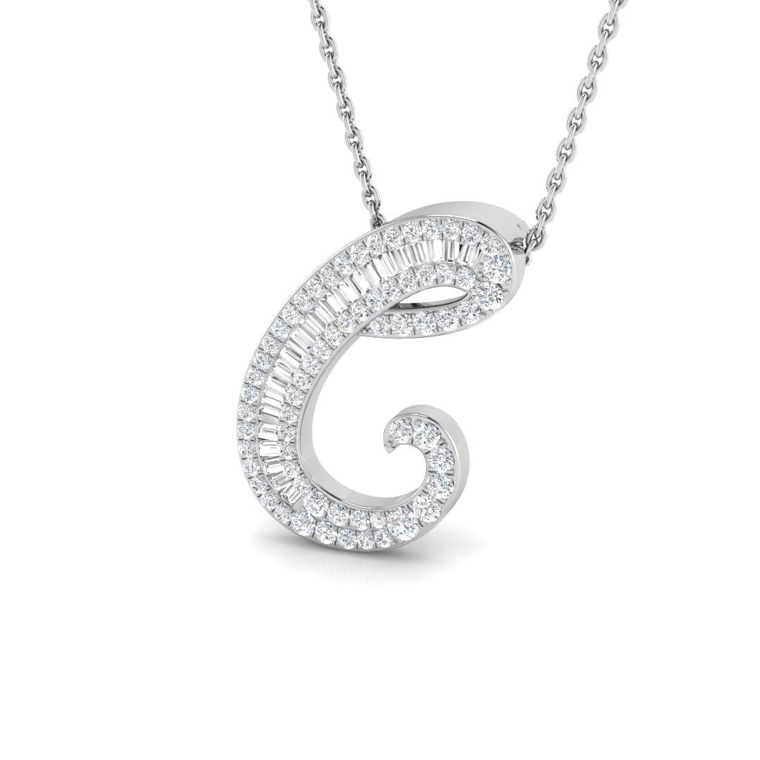 Paved Initial Diamond Pendant Necklace with Baguette & Round Diamonds