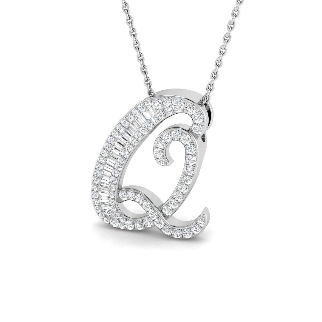 Paved Initial Diamond Pendant Necklace with Baguette & Round Diamonds