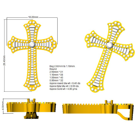 Halskette mit ausgestelltem Kreuzanhänger aus 9- und 18-karätigem Gold, besetzt mit Baguette- und Runddiamanten (0,50 ct – 6,50 ct).