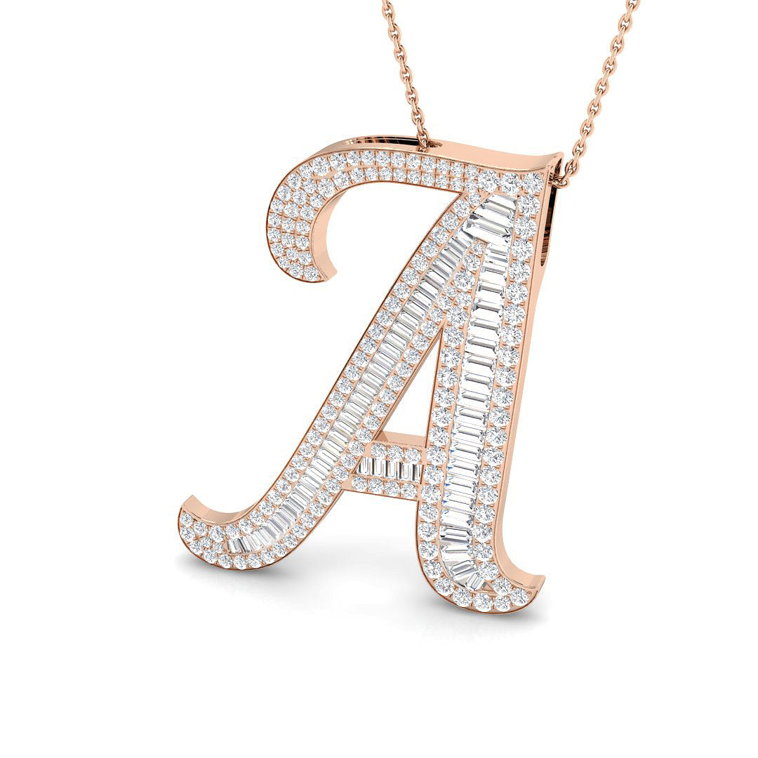 Yellow Gold Diamond Script Initial "A" Pendant with Baguette and Round Diamonds
