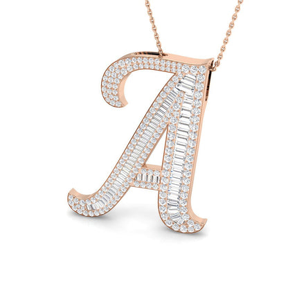 Yellow Gold Diamond Script Initial "A" Pendant with Baguette and Round Diamonds
