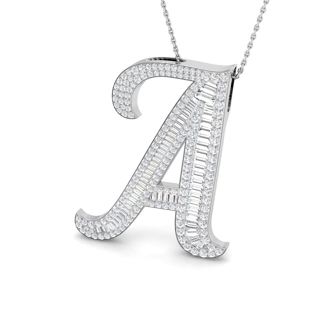 Yellow Gold Diamond Script Initial "A" Pendant with Baguette and Round Diamonds