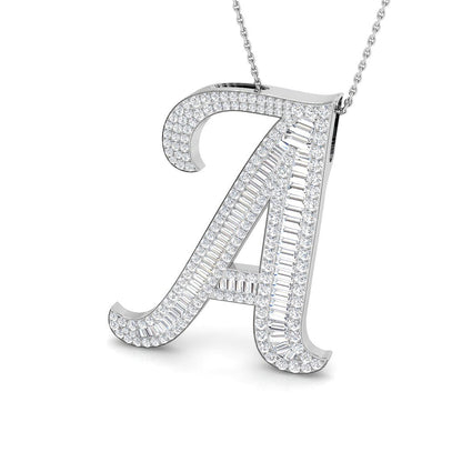 Yellow Gold Diamond Script Initial "A" Pendant with Baguette and Round Diamonds