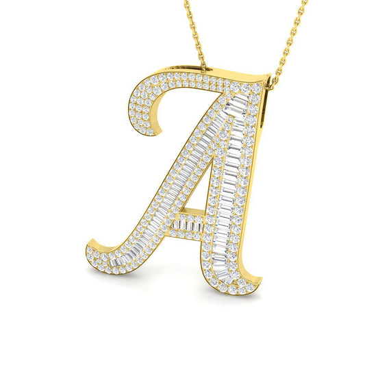 Yellow Gold Diamond Script Initial "A" Pendant with Baguette and Round Diamonds