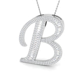 Yellow Gold Diamond Script Initial "B" Pendant with Baguette and Round Diamonds