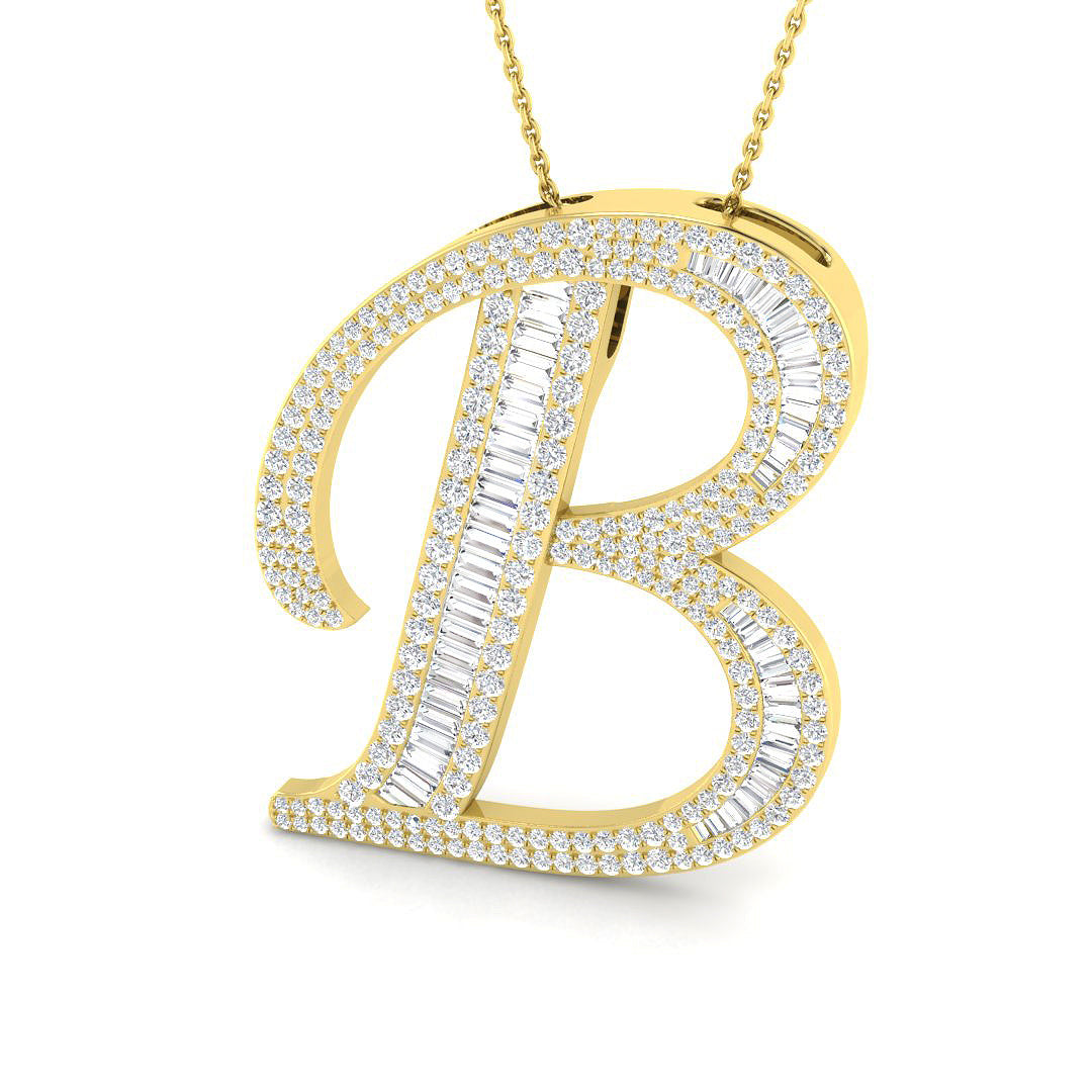 Yellow Gold Diamond Script Initial "B" Pendant with Baguette and Round Diamonds