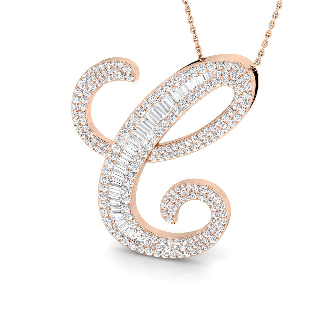 Yellow Gold Diamond Script Initial "C" Pendant with Baguette and Round Diamonds