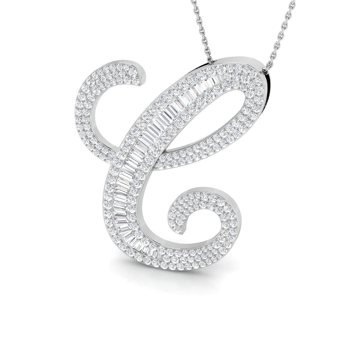Yellow Gold Diamond Script Initial "C" Pendant with Baguette and Round Diamonds