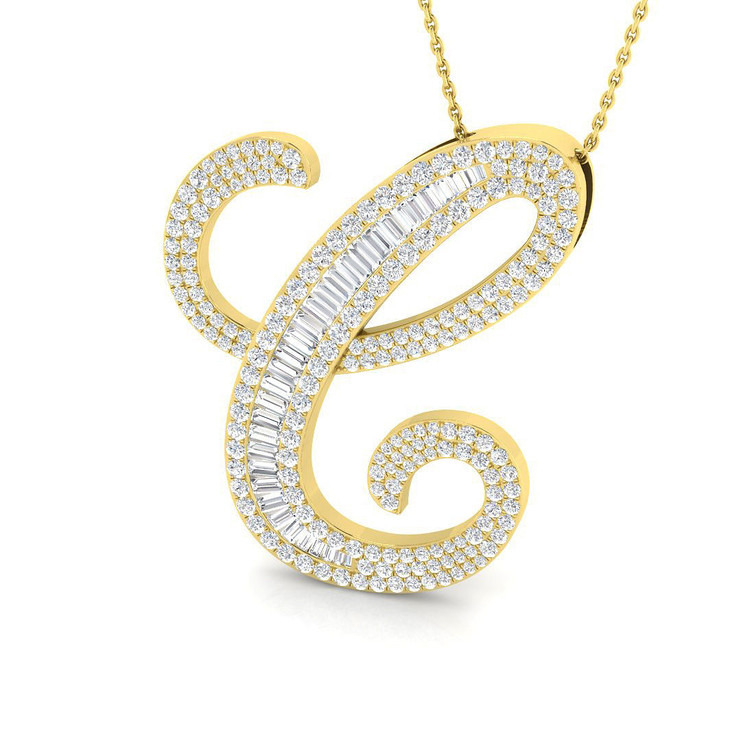 Yellow Gold Diamond Script Initial "C" Pendant with Baguette and Round Diamonds