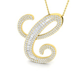 Yellow Gold Diamond Script Initial "C" Pendant with Baguette and Round Diamonds