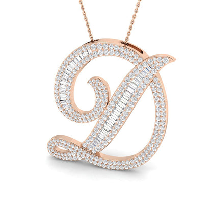 Yellow Gold Diamond Script Initial "D" Pendant with Baguette and Round Diamonds